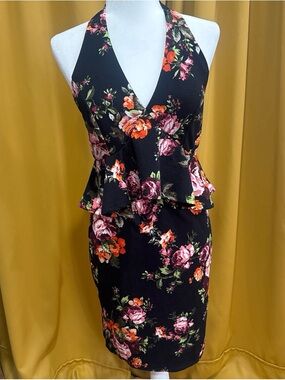 Halter Top Black Floral Peplum Dress with Pink & Orange Blooms